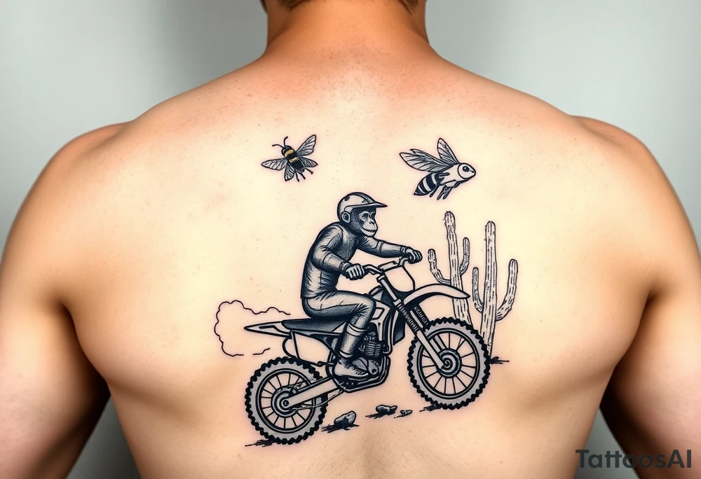 Monkey on a dirt bike and a bee flying a jet in a desert with cactus tattoo idea