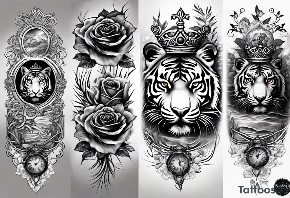Full right arm sleeve  tiger with a crown and third eye with a hour glass instead the hour glass brain cover in in clouds and a heart cover in grass and roots with roses and smoke all over the arm tattoo idea