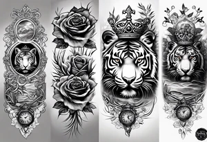 Full right arm sleeve  tiger with a crown and third eye with a hour glass instead the hour glass brain cover in in clouds and a heart cover in grass and roots with roses and smoke all over the arm tattoo idea