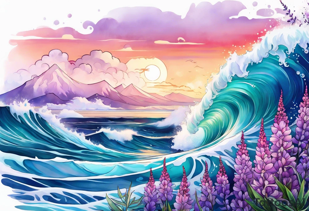 ocean wave with lupine and fireweed tattoo idea