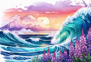 ocean wave with lupine and fireweed tattoo idea