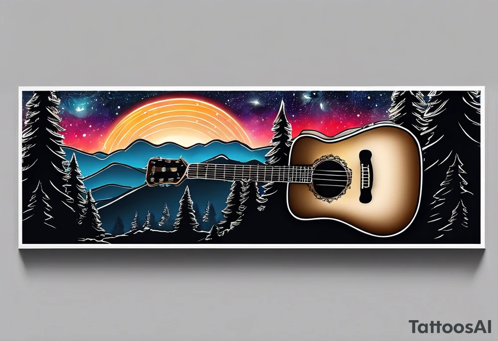 acoustic black guitar made out of trees and a night sky with a bright star tattoo idea