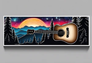 acoustic black guitar made out of trees and a night sky with a bright star tattoo idea