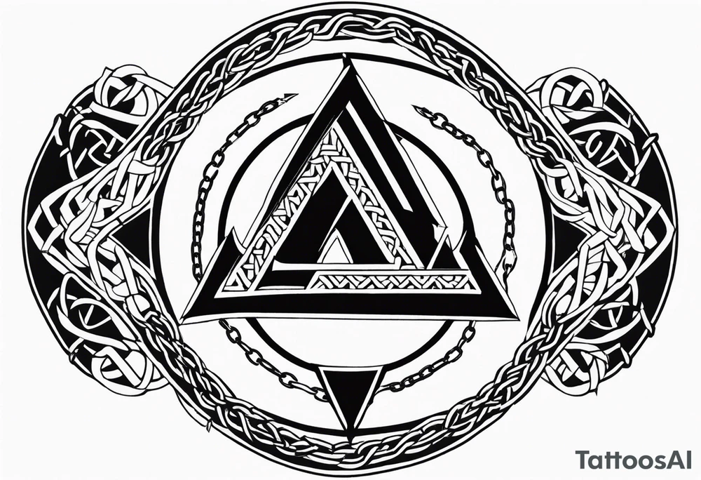Valhalla round shield axe
Valknut barbed wire chains tattoo idea