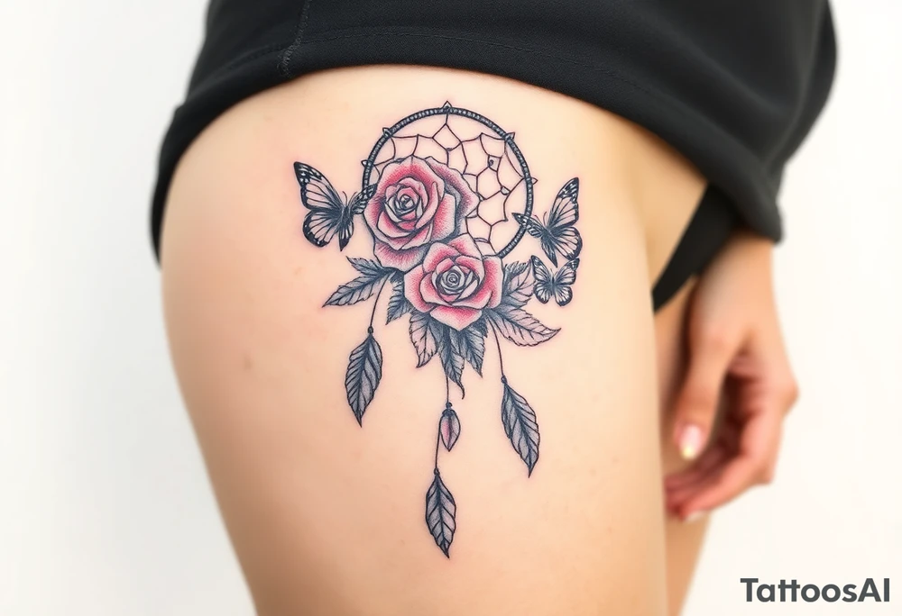 Dreamcatcher roses and butterflies tattoo idea
