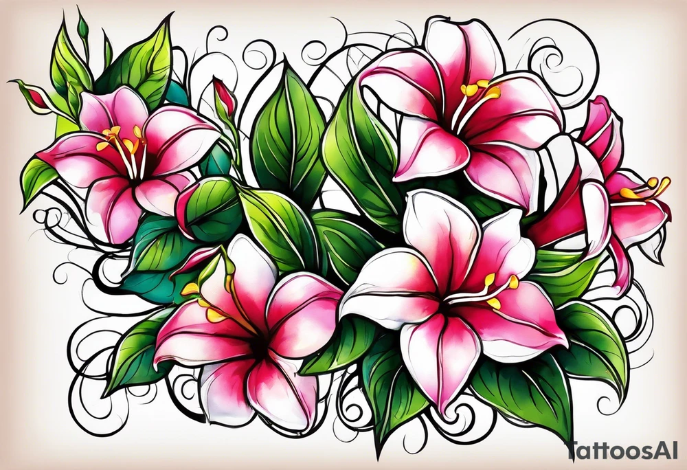 abstract mandevilla flowers on a vine, with color leaking out into the background. SOme of the flowers should be full color, and some just linework tattoo idea