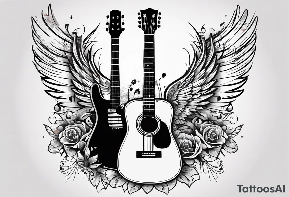 Microphone and musical notes and guitar and wings and female tattoo idea