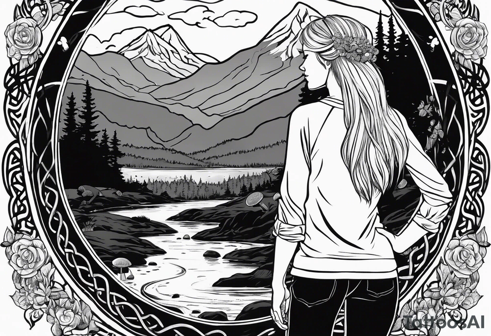 Whole picture encircled fully

Straight long blonde hair hippie girl in distance holding mushrooms in hand facing away toward mountains and creek surrounded by mushrooms long sleeve shirt and hiking pants; whole rendering within a full celtic circle border, no cut off circle tattoo idea