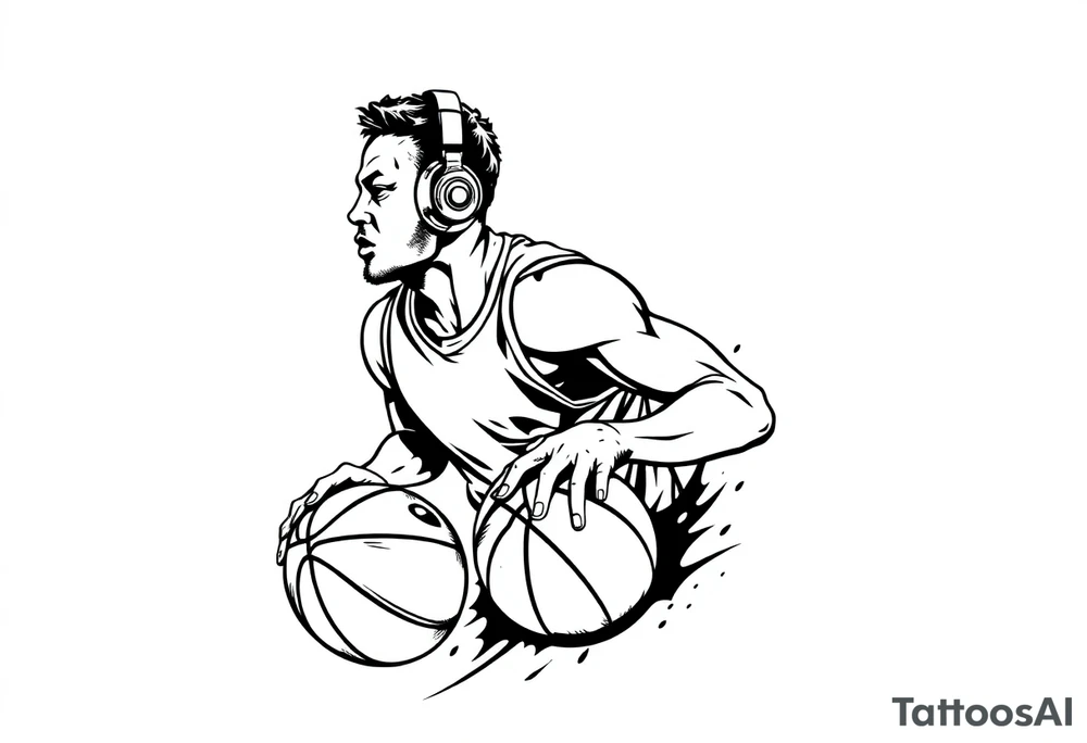 A guy dribbling a basketball with headphones on tattoo idea