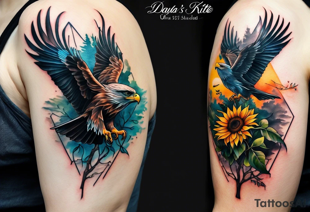 Small inside arm tattoo. Black kite (Daya's name), nature (trees/sea), small sunflower. Soft colours tattoo idea