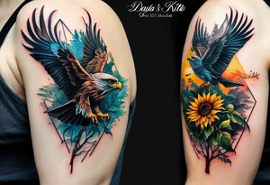 Small inside arm tattoo. Black kite (Daya's name), nature (trees/sea), small sunflower. Soft colours tattoo idea