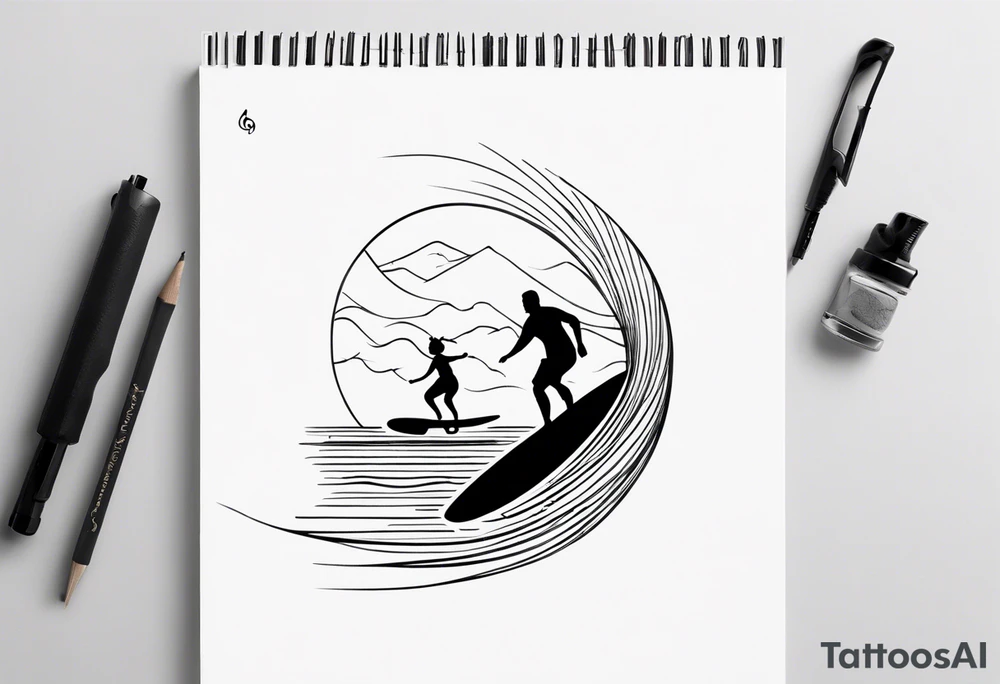 Black and white Line work tattoo depicting a father surfing with his daughters, incorporating musical notes. tattoo idea