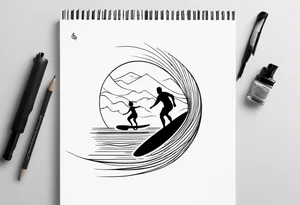 Black and white Line work tattoo depicting a father surfing with his daughters, incorporating musical notes. tattoo idea