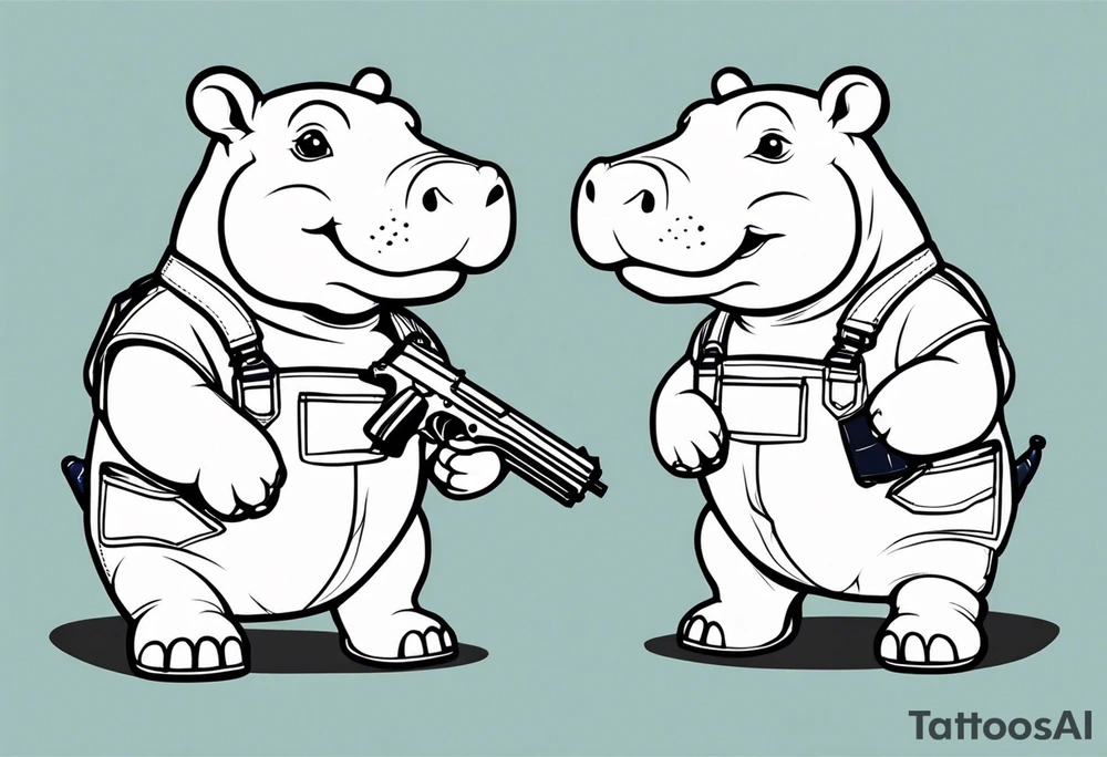 Baby hippo wearing overalls and holding a gun tattoo idea