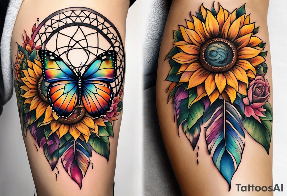 Quarter Leg sleeve with dreamcatcher, rainbow sunflowers and one butterfly tattoo idea