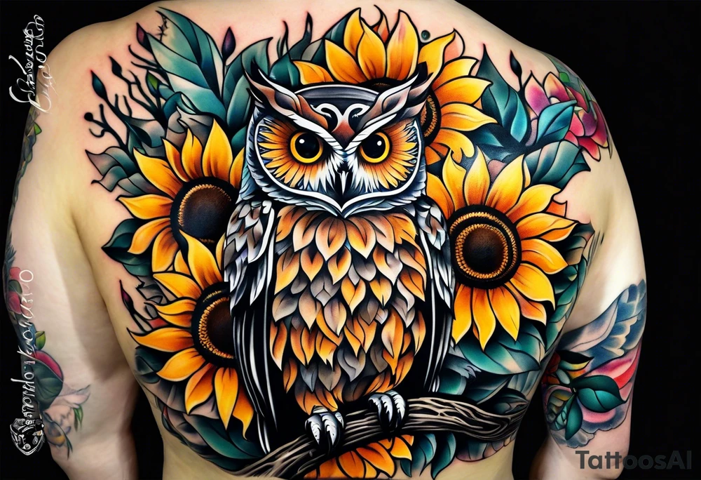 Sunflower and owl tattoo idea