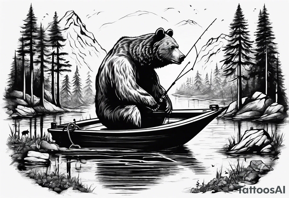 bear, forest, lake, small man on a fishing boat, appalachia, arm sleeve tattoo tattoo idea
