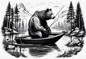 bear, forest, lake, small man on a fishing boat, appalachia, arm sleeve tattoo tattoo idea