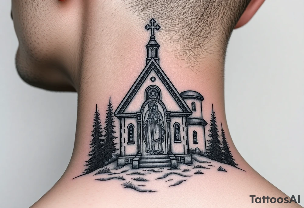 Traditional russian orthodox church in a wilderness setting with a prominent orthodox style virgin mary tattoo idea