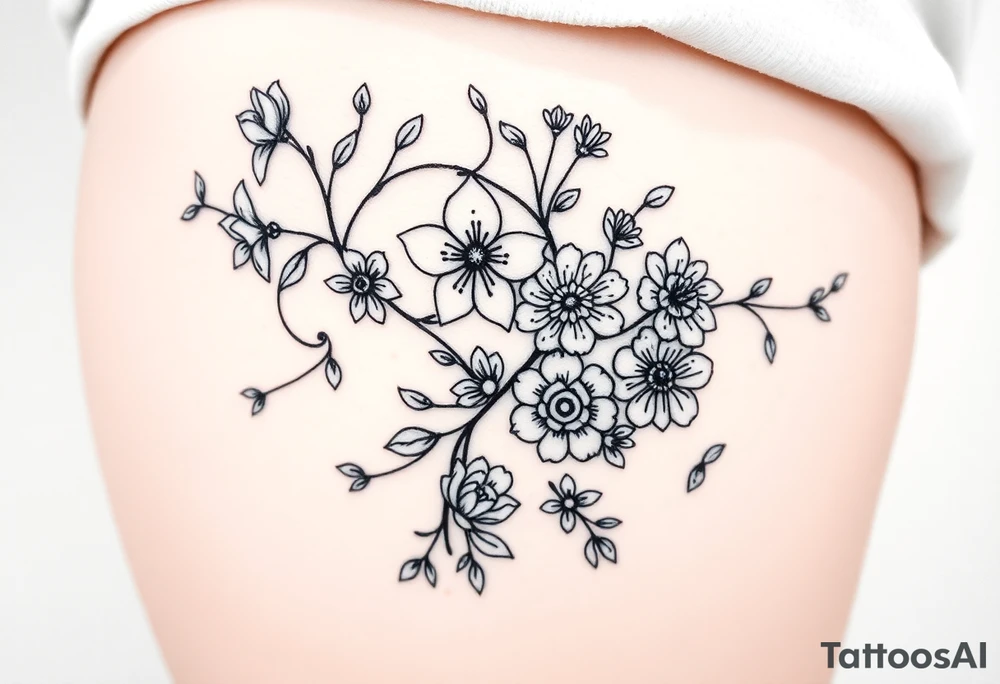 Vine with flowers: daffodil,
Lily, chrysanthemum, rose, aster, narcissus tattoo idea
