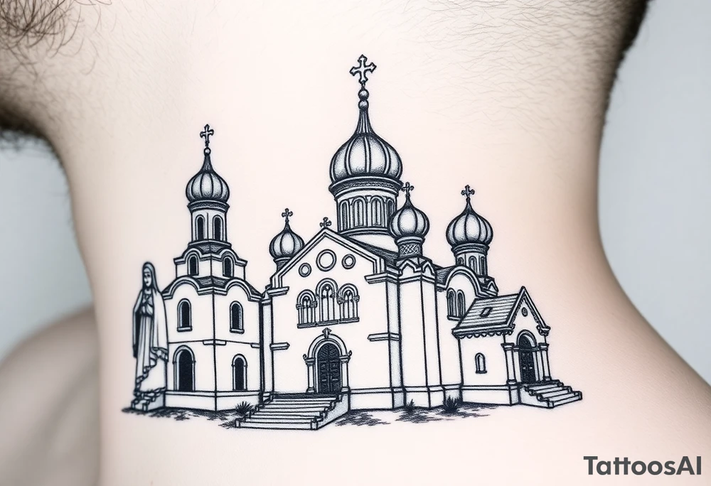 medium sized Russian orthodox church with bulb domes with a prominent russian orthodox style virgin mary stood outside to the left tattoo idea