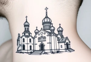 medium sized Russian orthodox church with bulb domes with a prominent russian orthodox style virgin mary stood outside to the left tattoo idea