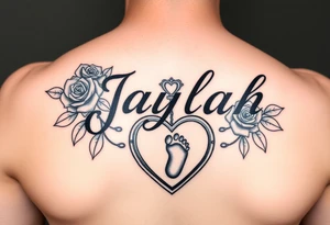 The name Jaylah With Roses and Foot Print and Pocket watch shaped like a Heart tattoo idea