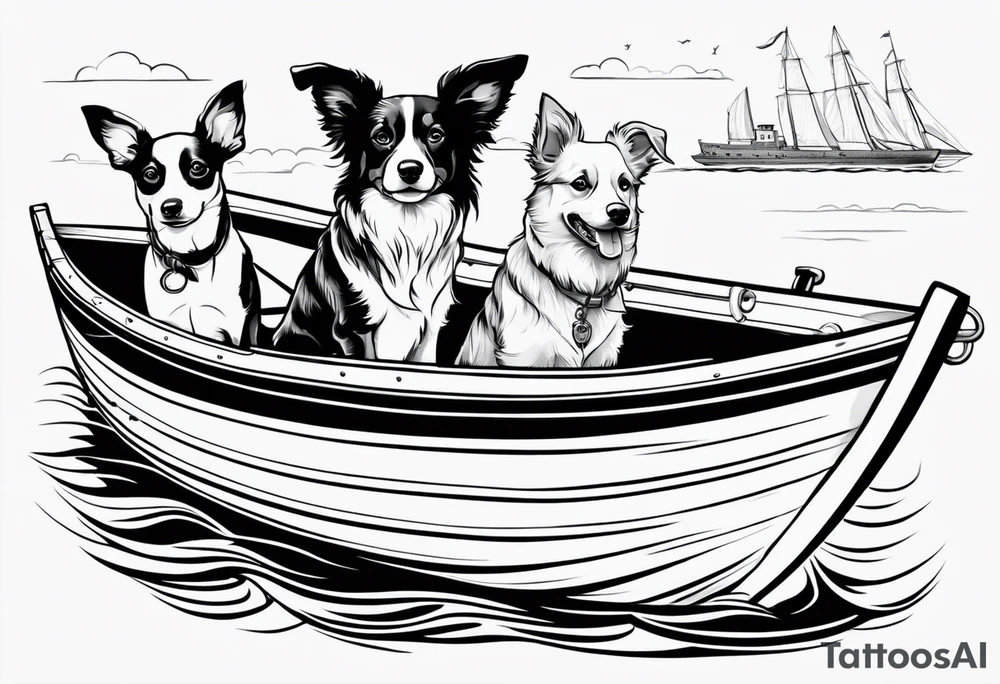 two dogs in a boat. One dog is tan with big ears like a chihuahua. The other dog is black and white and looks like an australian shepherd with floppy ears tattoo idea