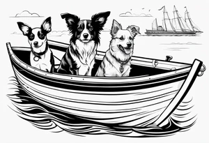 two dogs in a boat. One dog is tan with big ears like a chihuahua. The other dog is black and white and looks like an australian shepherd with floppy ears tattoo idea