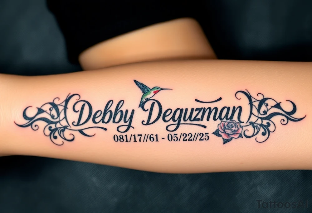 Tattoo of the name Debby Deguzman in chunky bold curly cursive with the exact dates of 08/17/61-05/29/25 surrounded by 1 hummingbird and 1 rose tattoo idea
