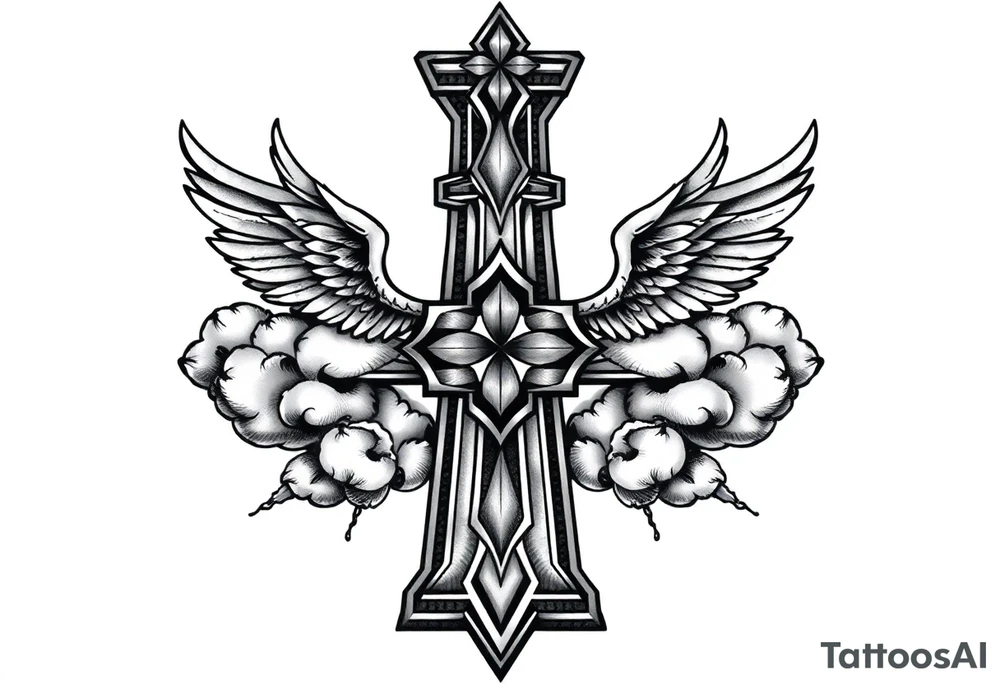 cast all your anxiety on him because he cares for you" with angels and clouds,cross tattoo idea