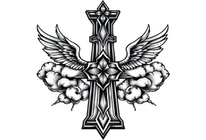 cast all your anxiety on him because he cares for you" with angels and clouds,cross tattoo idea