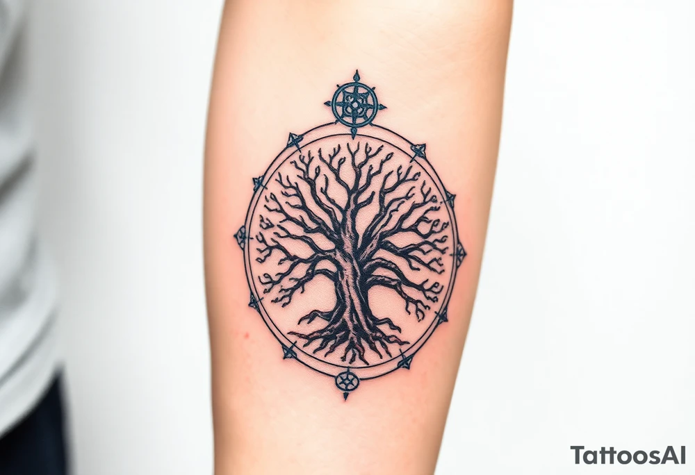 The Tree of Life surrounded by norse symbology, color infused tattoo idea