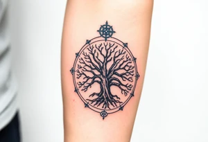 The Tree of Life surrounded by norse symbology, color infused tattoo idea
