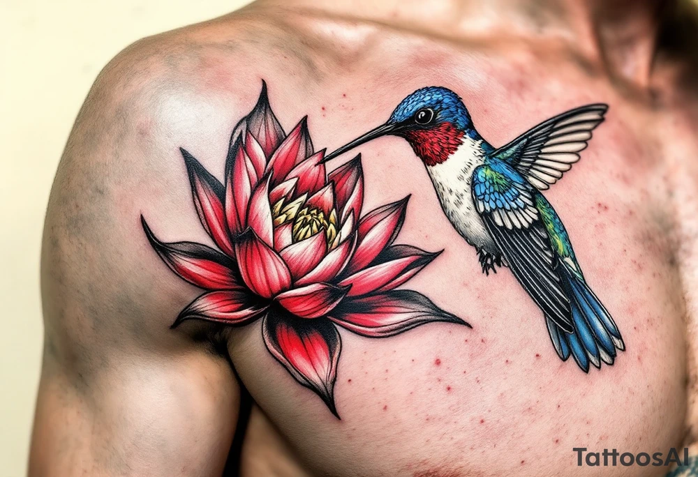 a hummingbird drinking from an egyptian lotus (red and black) tattoo idea