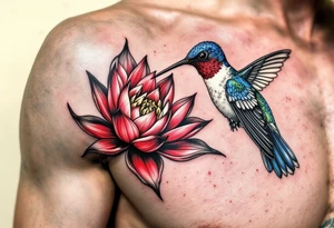 a hummingbird drinking from an egyptian lotus (red and black) tattoo idea