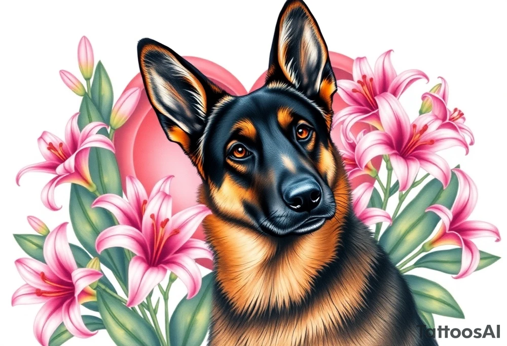 realistic german shepherd with alert ears looking protective surrounded by pink lilies with large leaves in front of a sacred heart tattoo idea