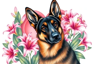 realistic german shepherd with alert ears looking protective surrounded by pink lilies with large leaves in front of a sacred heart tattoo idea