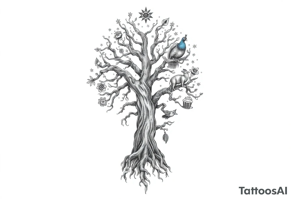 mystical tree of life with cosmic roots and celestial branches fat naked sexy woman , peacock , pig , cupcakes, liquor, cigerette, Storm clouds, pig, peacock , fat sexy naked fat woman, cupcakes, noose , money, goat lion, couple having sex, cigerette storm lightening, killing, darkness death tattoo idea