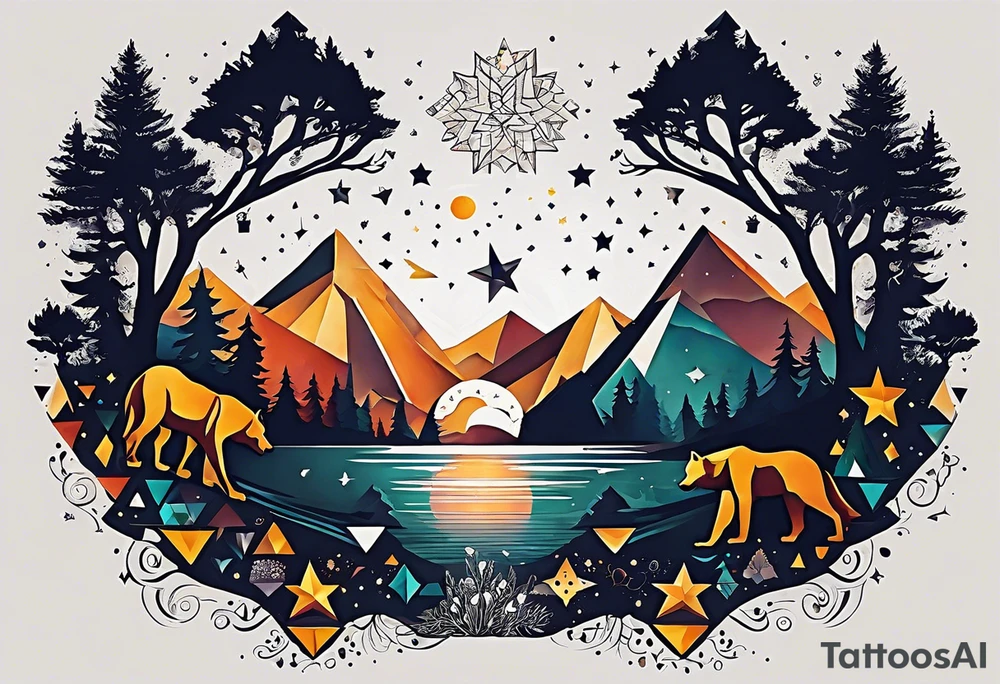 Create a sleeve tattoo from shoulder to wrist. The design should include space, stars, forest, sunset, mountains, cliffs, waterfall, water, ocean, wild animals (bear, wolves, elephant), and inserts of triangles and geometric figures. I have two children – a son, Sergei (the eldest), and a daughter, Anna, who live with me and my wife. But I also have another daughter, Marianna, whom I haven't seen for a long time and eagerly await to meet. The tattoo should symbolize love and protection for my children and family, the desire to secure their future, and confidence in tomorrow. It should reflect the notion of not looking back, but always moving forward and achieving goals! tattoo idea