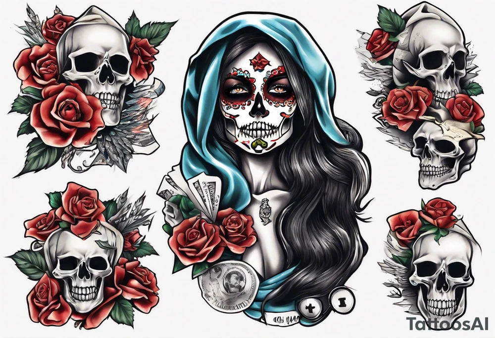 santa la muerta with money tattoo idea