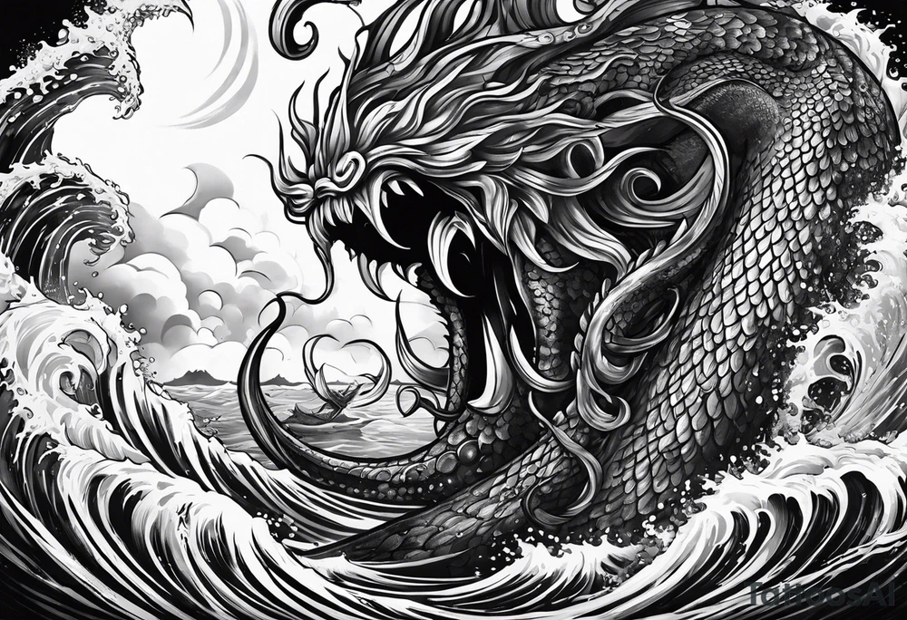 Kraken attacking Poseidon thrusting trident tattoo idea