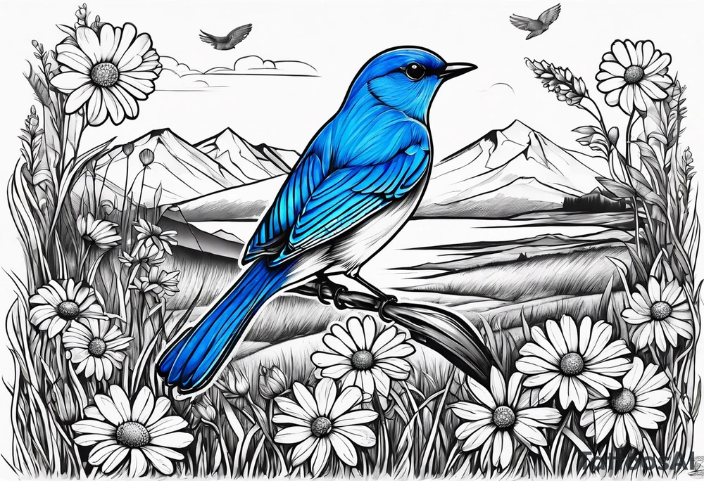 Small blue bird in field of grass and daisys Mountain View in distance tattoo idea