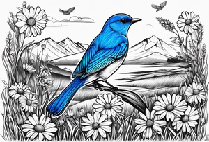 Small blue bird in field of grass and daisys Mountain View in distance tattoo idea
