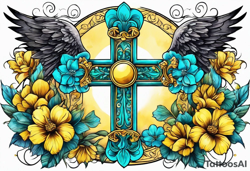 Winged cross surrounded by yellow and aqua flowers tattoo idea
