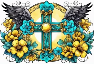 Winged cross surrounded by yellow and aqua flowers tattoo idea