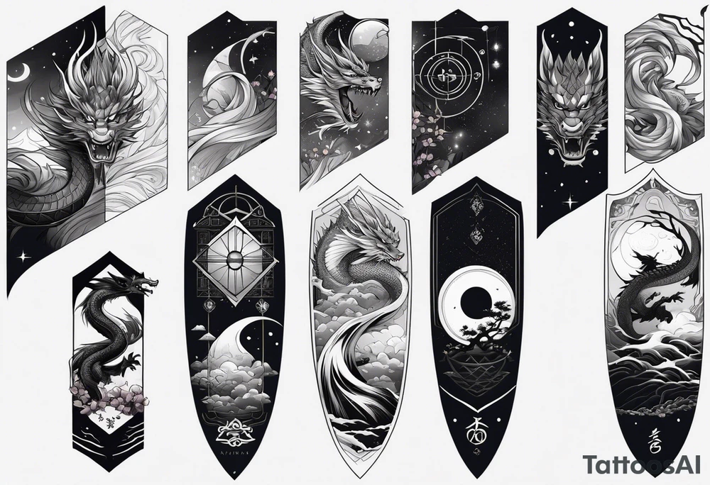 Full sleeve Tatoo that contains these elements 
Katana, Dragon, Samurai, Galaxy,Geometry ( like the golden ratio, lines, etc),Waves,Sakura tattoo idea