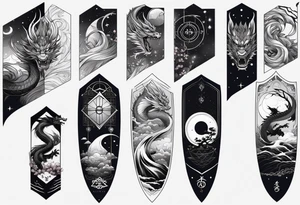 Full sleeve Tatoo that contains these elements 
Katana, Dragon, Samurai, Galaxy,Geometry ( like the golden ratio, lines, etc),Waves,Sakura tattoo idea