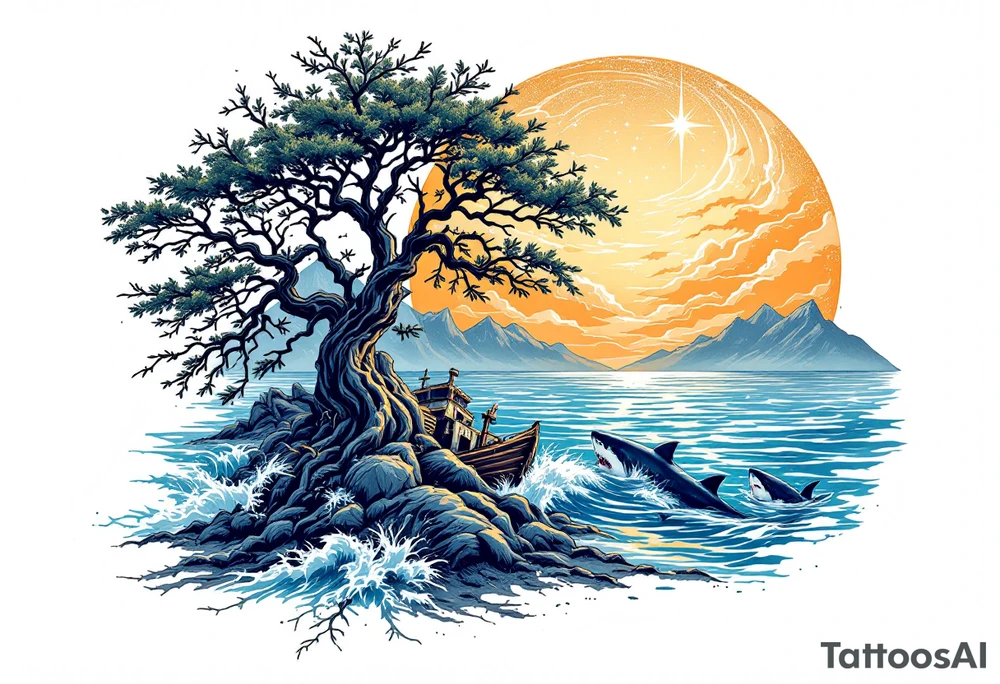 tattoo that has an acacia tree with mountains, ocean with a ship wreck with sharks and the bright northern star tattoo idea