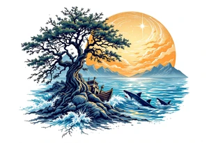 tattoo that has an acacia tree with mountains, ocean with a ship wreck with sharks and the bright northern star tattoo idea